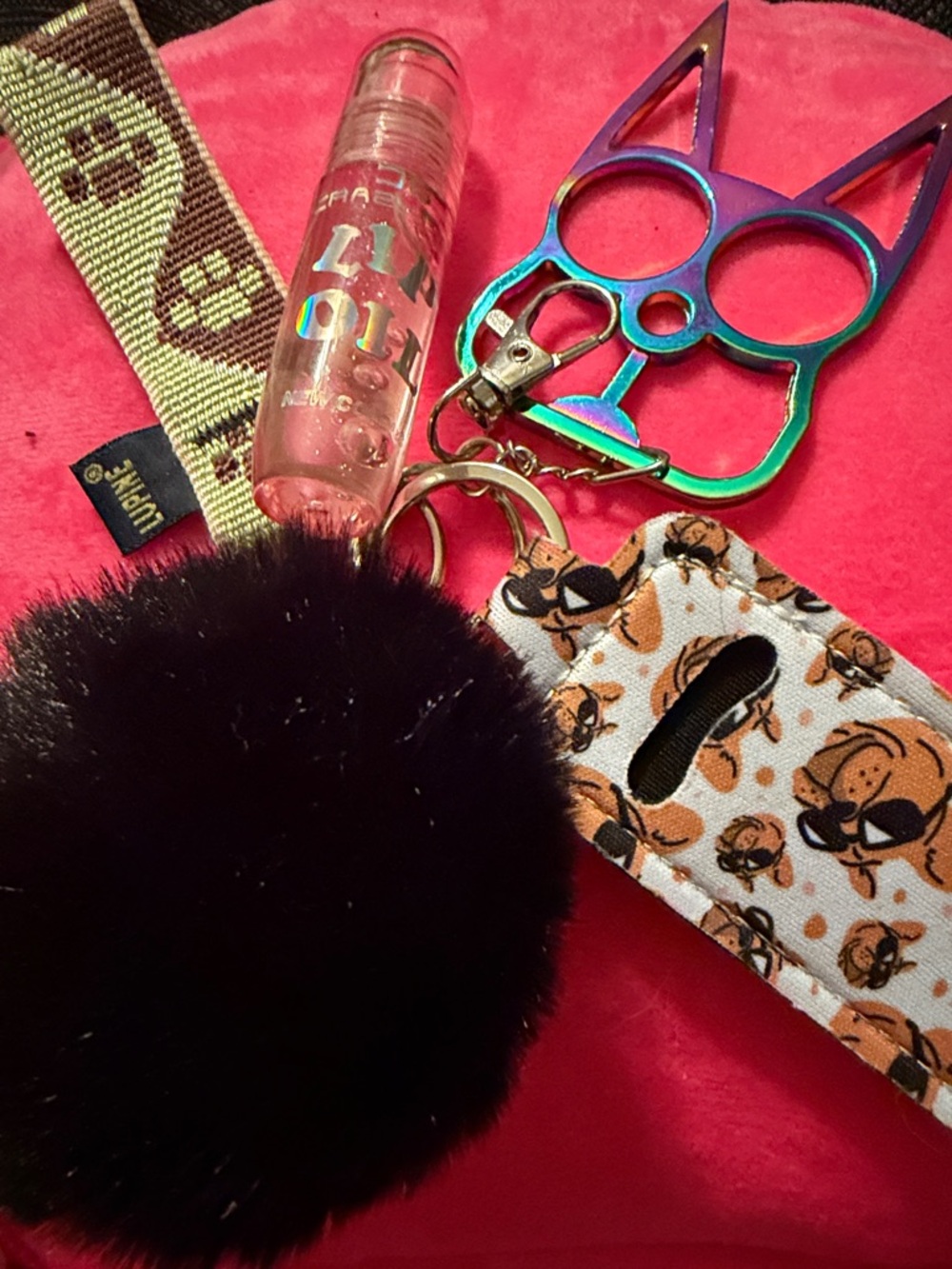 Pom Pom Keychain with Rainbow Cat Self-Defense Keyring, dog lip balm pouch